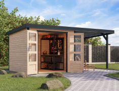 Berging / tuinhuis onbehandeld/antraciet, 2,38×2,42 m, vurenhout, verlengd dak 2,35 m, weerbestendig metaalprofielen plaatstaal, robuuste met metaal versterkte hoeken, cilinderslot