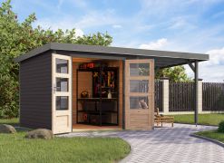 Houten berging / tuinhuis aanbouw dak terra grijs/grijs aluminium, 2,38 × 2,42 m, robuuste met metaal versterkte hoeken, weerbestendig metaalprofielen plaatstalen dak, cilinderslot