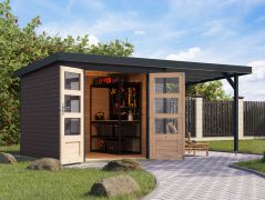 Houten berging / tuinhuis aanbouw dak terra grijs/antraciet, robuuste metaalversterkte hoeken, metaalprofielen plaatstalen dak, dubbele deuren met cilinderslot, 2,38 × 2,42 m