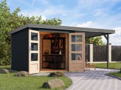 Houten berging / tuinhuis met 2,35 m aanbouwdak, Noorse spar, antraciet/grijs aluminium, weerbestendig metaalprofielen plaatstalen dak, dubbele deuren, 2,38 × 2,42 m