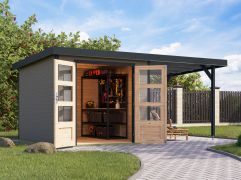 Houten berging / tuinhuis uitbouw dak 2,35 m, Noords sparrenhout water grijs/antraciet, metaalprofielen plaatstalen dak, met metaal verstevigde hoeken, cilinderslot, 2,38 × 2,42 m