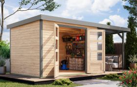 Houten berging / tuinhuis verlengd dak 2,35 m, natuurlijk spar/grijs aluminium, metaalprofielen plaatstalen dak met metaalversterkte hoeken, 2,98 × 2,13 m, cilinderslot