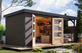 Houten berging / tuinhuis met aangebouwd dak 2,35 m, Noords sparrenhout terra grijs/antraciet, weerbestendig metaalprofielen plaatstalen dak, cilinderslot, 2,98 × 2,13 m