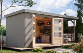 Houten berging / tuinhuis aanbouw dak, water grijs/grijs - weerbestendig metaalprofielen plaatstalen dak, weerbestendig, dubbele deuren met cilinderslot, 2,98 × 2,13 m