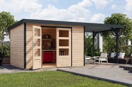 Tuinhuis / berging met (L/R) aanbouw dak onbehandeld/antraciet - weerbestendig lessenaarsdak, dubbele deuren met slot, duurzame metalen verbinding 7,21 m²