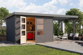 Tuinhuis / berging met (L/R) aanbouw dak terra grijs/grijs aluminium - weerbestendige dakconstructie, met metaal verstevigde hoeken, dubbele deuren met cilinderslot 7,21 m²