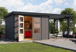 Houten berging / tuinhuis verlengstuk dak terra grijs/antraciet - metaalprofielen plaatstalen dak, stevige met metaal verstevigde hoeken, dubbele deuren met cilinderslot 2,98 × 2,42 m
