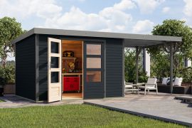 Houten berging / tuinhuis uitbouw dak antraciet/grijs aluminium - duurzaam metaalprofielen plaatstalen dak, robuuste metalen randen, Noords sparrenhout, weerbestendig 2,98×2,42 m