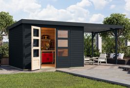 Houten berging / tuinhuis met weerbestendig lessenaarsdak, antraciet, robuuste metaalversterkte hoeken, dubbele deuren met cilinderslot, 2,98 × 2,42 m