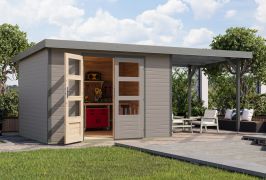 Houten berging / tuinhuis met lessenaarsdak, aluminium water grijs/grijs, met metaal verstevigde hoeken, vurenhout, metaalprofielen plaatstalen dak, dubbele deuren, 2,98 × 2,42 m