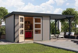 Tuinhuis / berging met (L/R) aanbouw dak, Noorse spar water grijs/antraciet, metaalprofielen plaatstalen lessenaarsdak, robuuste stalen elementen, cilinderslot, 2,98 × 2,42 m