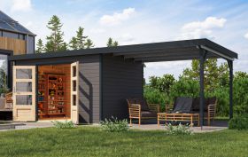 Tuinhuis / berging met (L/R) aanbouw dak, Noords sparrenhout terra grijs/antraciet, metaalprofielen plaatstalen dak, weerbestendig, met metaal versterkte randen, cilinderslot, 3,60 × 2,40 m