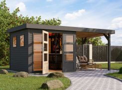 Houten berging / tuinhuis met aanbouw dak in terra grijs gemaakt van Noords sparrenhout, plat dak met dakpaneel, royale raamoppervlakken, cilinderslot, 2,38 × 2,42 m