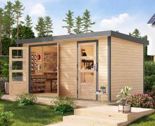Lessenaars dak, vuren onbehandeld / grijs aluminium, weerbestendig metaalprofielen plaatstalen dak, stabiele hoeken, cilinderslot, grote ramen, 4,00 × 2,13 m