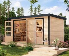 Houten berging / tuinhuis, onbehandeld Noorse spar / antraciet, metaalprofielen lessenaarsdak van metaalplaat, robuuste met metaal verstevigde hoeken, cilinderslot, 4,00 × 2,13 m