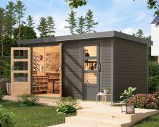 Lessenaarsdak tuinhuisje, vuren terra grijs/grijs aluminium, weerbestendig metaalprofielen plaatstalen dak, stabiele hoeken, cilinderslot, grote lichtuitsparingen, 4,00×2,13 m
