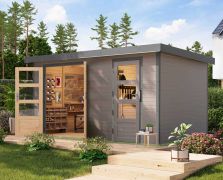 Schuin dak tuinhuisje, Noords sparrenhout water grijs/grijs aluminium, metaalprofielen plaatstalen dak weerbestendig, stabiele hoeken, dubbele deuren cilinderslot, 8,52 m²