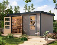 Houten berging / tuinhuis, Noorse spar water grijs/antraciet, metaalprofielen lessenaarsdak, robuuste stalen hoeken, dubbele deuren met cilinderslot, 4,00 × 2,13 m