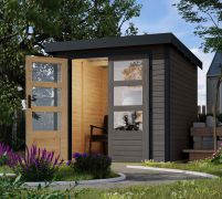 Tuinhuis / berging van hout, Noords sparrenhout, terra grijs / antraciet Trapeziumvormig plaatstalen lessenaarsdak, staalversterkte hoeken Cilinderslot, waterafstotend 2,09×2,13 m