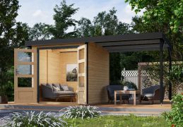Tuinhuis / berging met (L/R) aanbouw dak naturel/antraciet vuren, duurzame metaalversterkte hoeken, metaalprofielen plaatstalen dak, dubbele deuren met cilinderslot, 2,09×2,13 m