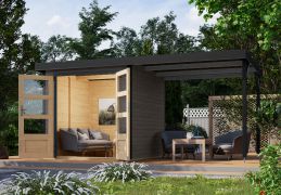 Robuust houten berging aanbouw dak in terra grijs/antraciet, Noords sparrenhout, dubbele deuren met slot, waterafstotend metaalprofielen plaatstalen dak, 4,45 m²