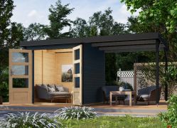 Houten berging / tuinhuis aanbouw dak van Noords sparrenhout, antraciet, metaalprofielen plaatstalen dak, stevige met metaal verstevigde hoeken, dubbele deuren, grondoppervlakte 4,45 m²