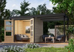 Tuinhuisje aanbouw dak in Noords sparrenhout, water grijs/antraciet, weerbestendig metaalprofielen plaatstalen dak, stabiele hoeken, cilinderslot, 2,09 × 2,13 m