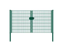 Dubbele staafmatdraaipoort, doorgang: 264 cm, totale breedte incl. palen: 276 cm, Uitvoering: groen gecoat, hoogte: 143 cm, gewicht: 53,77 kg