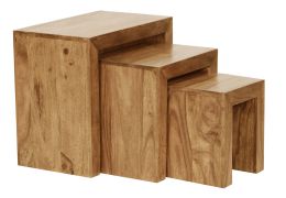 Set van 3 tafels gemaakt van massief acaciahout, kleur: acacia - Afmetingen: 50 x 30 x 45 cm (H x B x D), met prachtige natuurlijke houtnerf