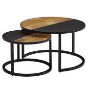 Salontafelset van 2 stuks, rond, kleur: zwart / mango, semi massief hout - Afmetingen: 60 x 60 x 36 cm en 44 x 44 x 31 cm (B x D x H)