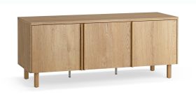 TV-onderkast | 3 draaideuren | 2 kabeldoorvoer openings | Kleur: eiken | 6 vakken | 138 x 46 x 56 cm | Soft-Close functie | ergonomische handgrepen van eikenhout | TV-meubel