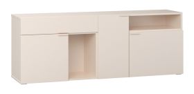 Ladekast | 3 deuren | kleur: beige | handgrepen & poten: Beige | zes vakken | 1 lade | afmetingen: 187 x 42 x 70 cm | twee open vakken | soft-close functie