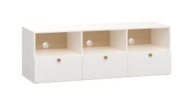 Elegante TV-onderkast met drie vakken Aenna 100, kleur: wit / eiken, handgrepen: eiken, drie lades, maten: 51,5 x 151 x 46,5 cm, drie kabelopeningen