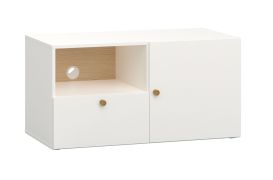 Stijlvol tv-meubel / tv-kast met één lade Aenna 112, kleur: wit / eiken, maten: 51,5 x 101 x 46,5 cm, handgrepen: eiken, twee vakken, één kabeldoorvoer