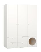 Draaideurkast / garderobekast Aenna 07, drie deuren, vier laden, kleur: wit / eiken, afmetingen: 202,5 x 151 x 60 cm, handgrepen: Wit, twee kledingstangen