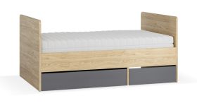 Kinderbed / 2 lades / kleur: eiken / grafiet / ligvlak: 90 x 160 - 200 cm / inclusief opklapbare lattenbodem / bedbodem / uitschuifbaar