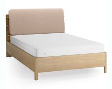 Tweepersoonsbed / kleur: eiken / ecru / 140 x 200 cm / gestoffeerde hoofdsteun / inclusief opklapbare lattenbodem / vier open schappen / bergruimte achter rugleunung