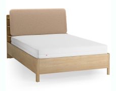 Tweepersoonsbed / kleur: eiken / taupe / 140 x 200 cm / gestoffeerde hoofdsteun / inclusief opklapbare lattenbodem / vier open schappen / bergruimte achter rugleunung