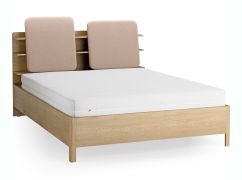 Tweepersoonsbed / 160 x 200 cm / kleur: eiken / ecru / gestoffeerde hoofdsteun / vier open kaste / bak achter rugleuning / incl. lattenbodem