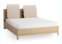 Doppelbett | Farbe: Eiche / Beige | gepolsterte Kopfstütze | vier offene Regale | Behälter hinter Rückenlehne | 180 x 200 cm | inkl. Lift up Lattenrost