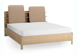 Tweepersoonsbed / kleur: eiken / taupe / gestoffeerde hoofdsteun / vier open kaste / bak achter rugleuning / 180 x 200 cm / incl. lattenbodem