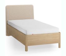 Eenpersoonsbed / kleur: eiken / beige / massief eiken / zacht gestoffeerde hoofdsteun / 90 x 200 cm / logeerbed / incl. opklapbare lattenbodem / discreet afgeronde vorm