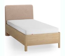 Eenpersoonsbed / kleur: eiken / ecru / massief eiken / zacht gestoffeerde hoofdsteun / 90 x 200 cm / logeerbed / incl. opklapbare lattenbodem / discreet afgeronde vorm