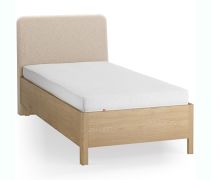 Eenpersoonsbed / kleur: eiken / beige / massief eiken / zacht gestoffeerde hoofdsteun / 90 x 200 cm / logeerbed / incl. lattenbodem / discreet afgeronde vorm