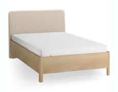 Eenpersoonsbed / massief eiken / kleur: eiken / beige / zacht gestoffeerde hoofdsteun / 90 x 200 cm / discreet afgeronde vorm / logeerbed / incl. opklapbare lattenbodem