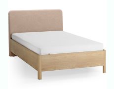 Eenpersoonsbed / massief eiken / kleur: eiken / ecru / zacht gestoffeerde hoofdsteun / 90 x 200 cm / discreet afgeronde vorm / logeerbed / incl. opklapbare lattenbodem