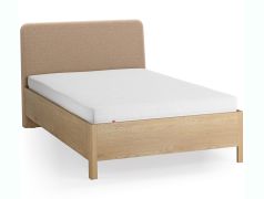 Eenpersoonsbed / massief eiken / kleur: eiken / taupe / zacht gestoffeerde hoofdsteun / 90 x 200 cm / discreet afgeronde vorm / logeerbed / incl. opklapbare lattenbodem