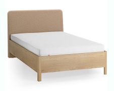 Eenpersoonsbed / massief eiken / kleur: eiken / taupe / zacht gestoffeerde hoofdsteun / 90 x 200 cm / discreet afgeronde vorm / logeerbed / incl. lattenbodem
