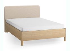 Doppelbett | Farbe: Eiche / Beige | Eiche massiv | 140 x 200 cm | dezent abgerundete Form | Gästebett | inkl. Lift up Lattenrost | weich gepolsterte Kopfstütze