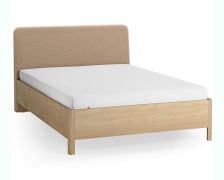 Doppelbett | Farbe: Eiche / Taupe | Eiche massiv | 140 x 200 cm | dezent abgerundete Form | Gästebett | inkl. Lift up Lattenrost | weich gepolsterte Kopfstütze
